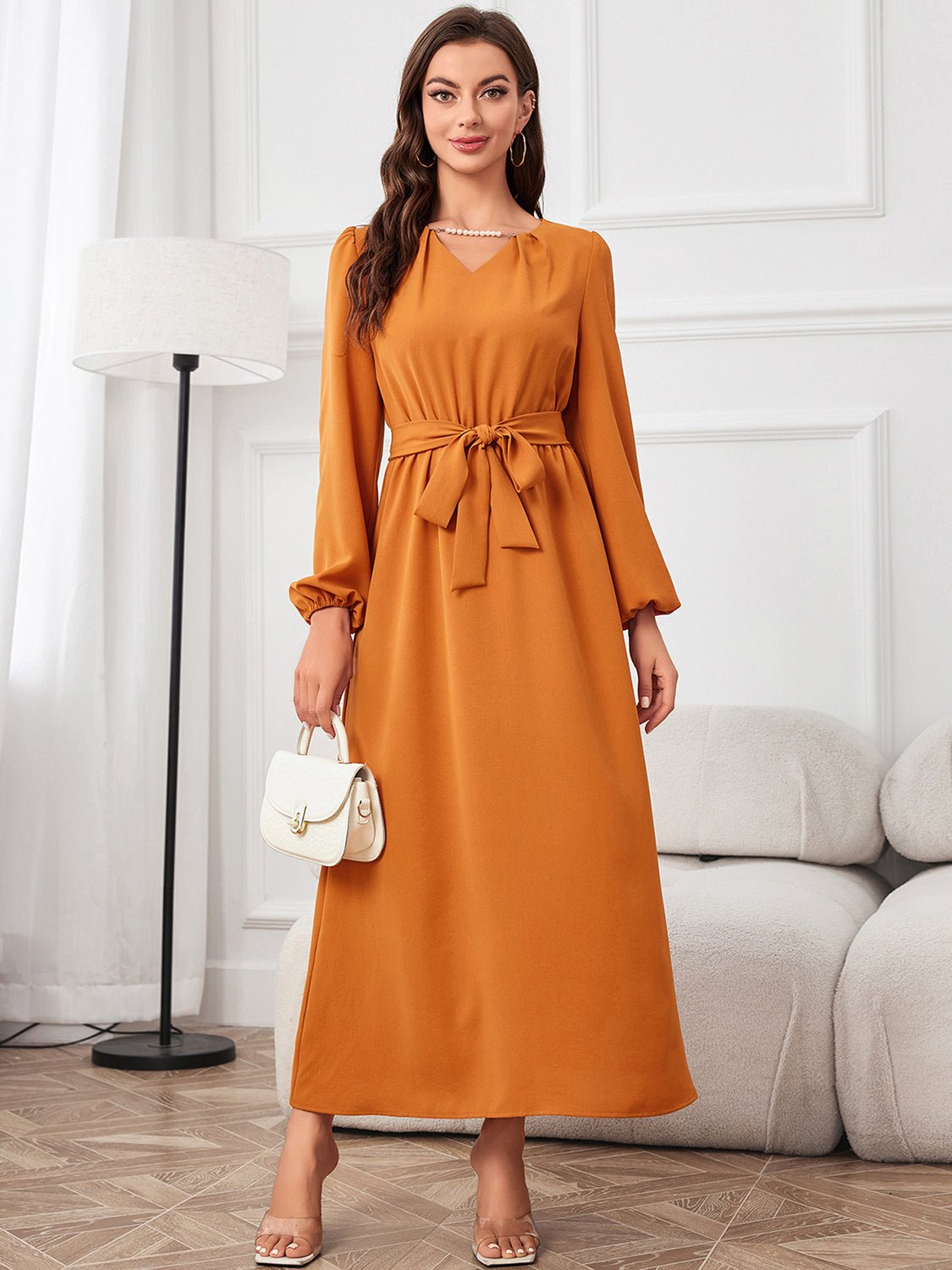 Tie Waist Puff Sleeve Maxi Dress - GirlyBayTie Waist Puff Sleeve Maxi Dress100101608148594SPumpkinGirlyBayTie Waist Puff Sleeve Maxi Dress