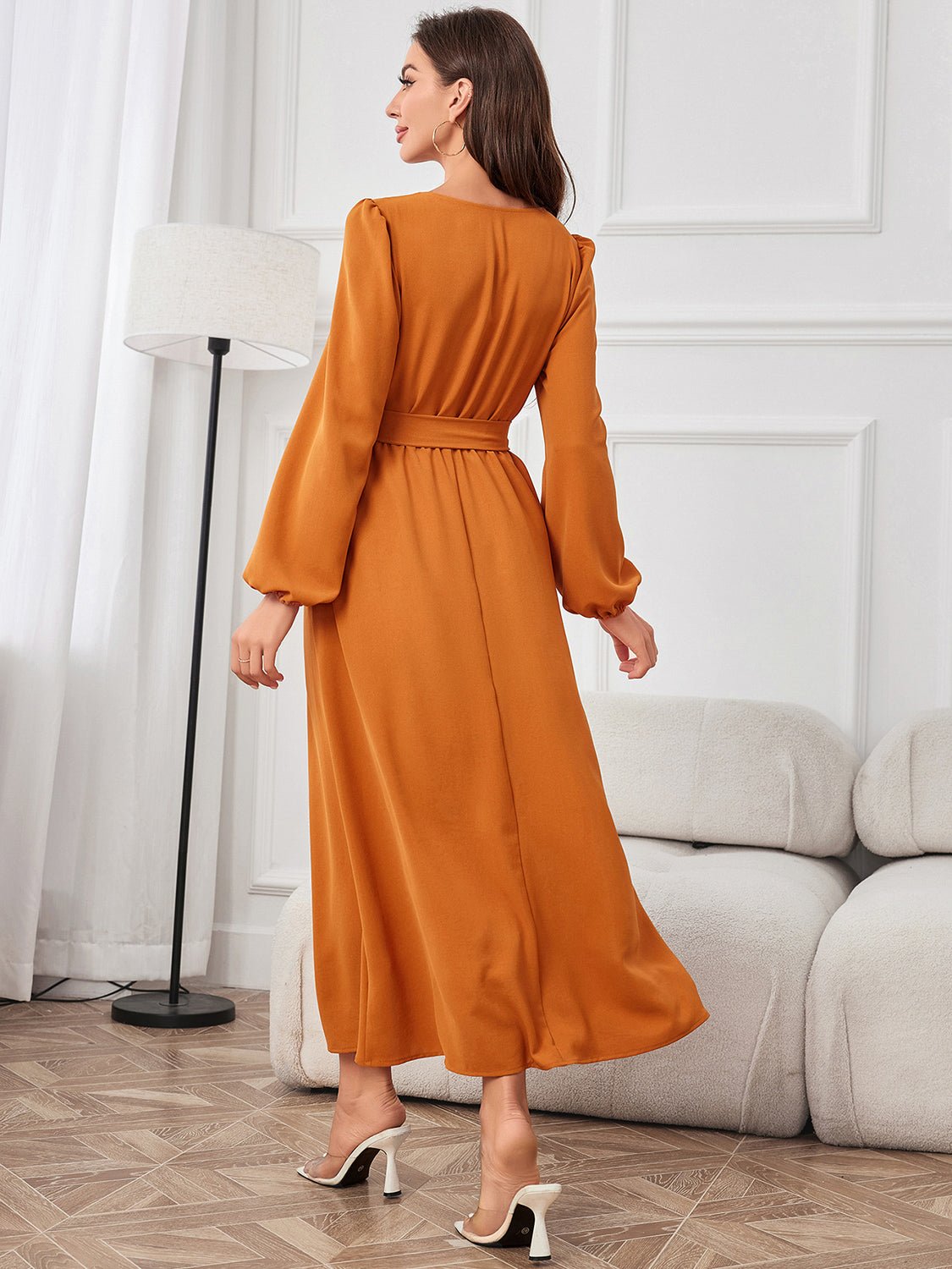 Tie Waist Puff Sleeve Maxi Dress - GirlyBayTie Waist Puff Sleeve Maxi Dress100101608148594SPumpkinGirlyBayTie Waist Puff Sleeve Maxi Dress