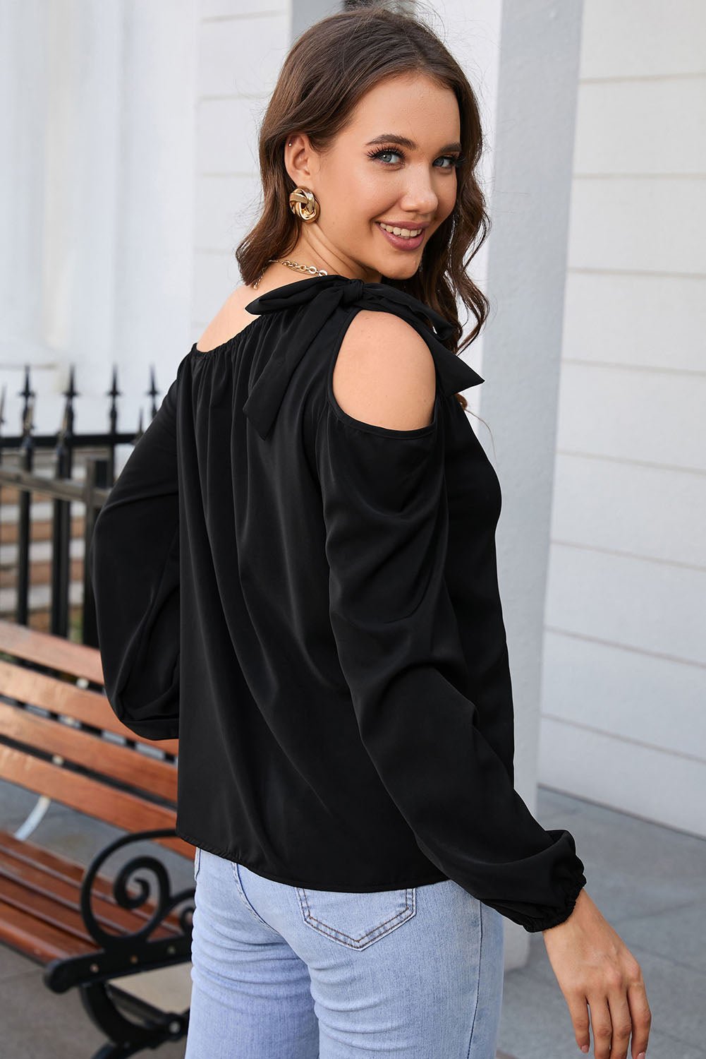 Tied Asymmetrical Neck Cold - Shoulder Blouse - GirlyBayTied Asymmetrical Neck Cold - Shoulder Blouse100101070755603SBlackGirlyBayTied Asymmetrical Neck Cold - Shoulder Blouse