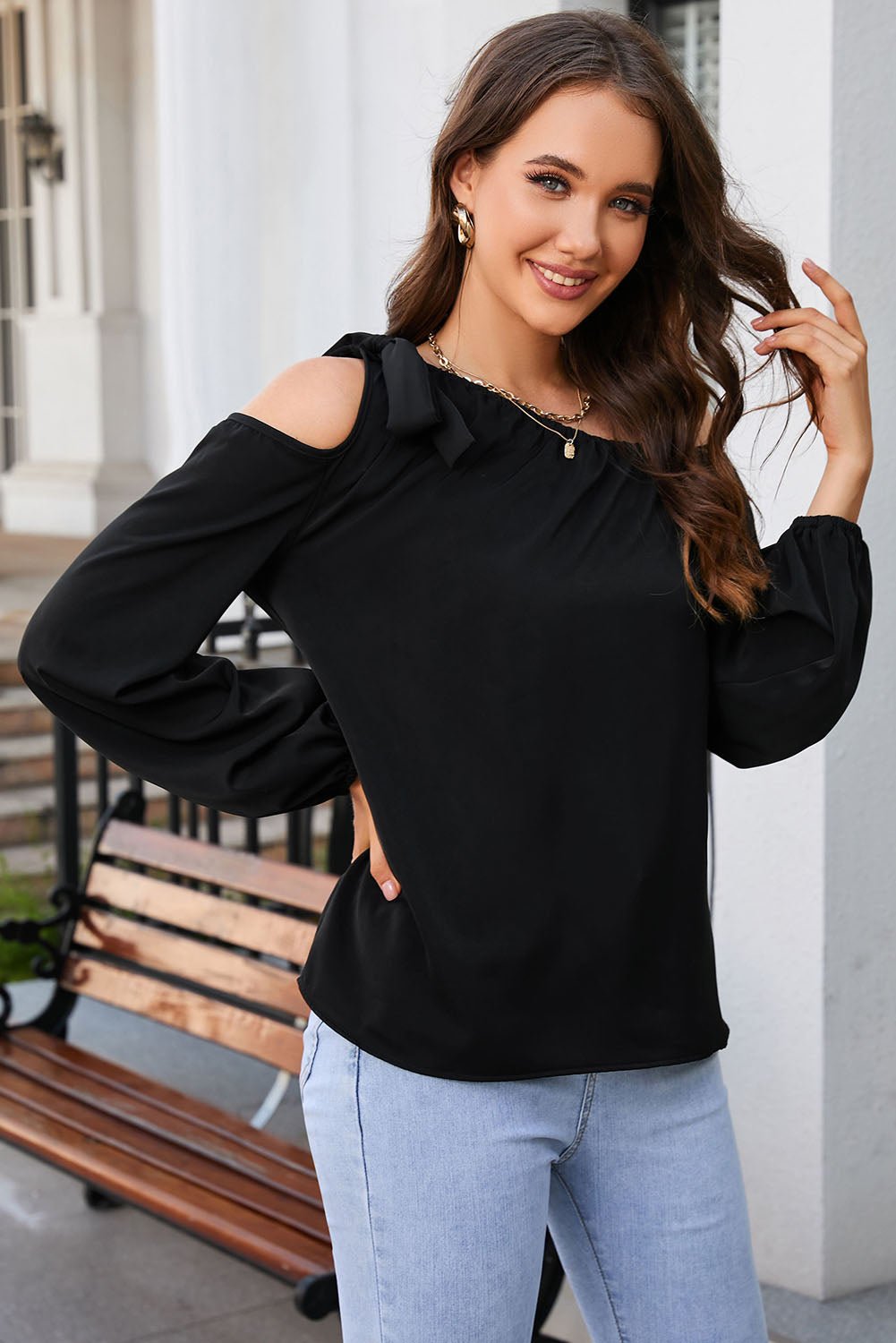Tied Asymmetrical Neck Cold - Shoulder Blouse - GirlyBayTied Asymmetrical Neck Cold - Shoulder Blouse100101070755603SBlackGirlyBayTied Asymmetrical Neck Cold - Shoulder Blouse