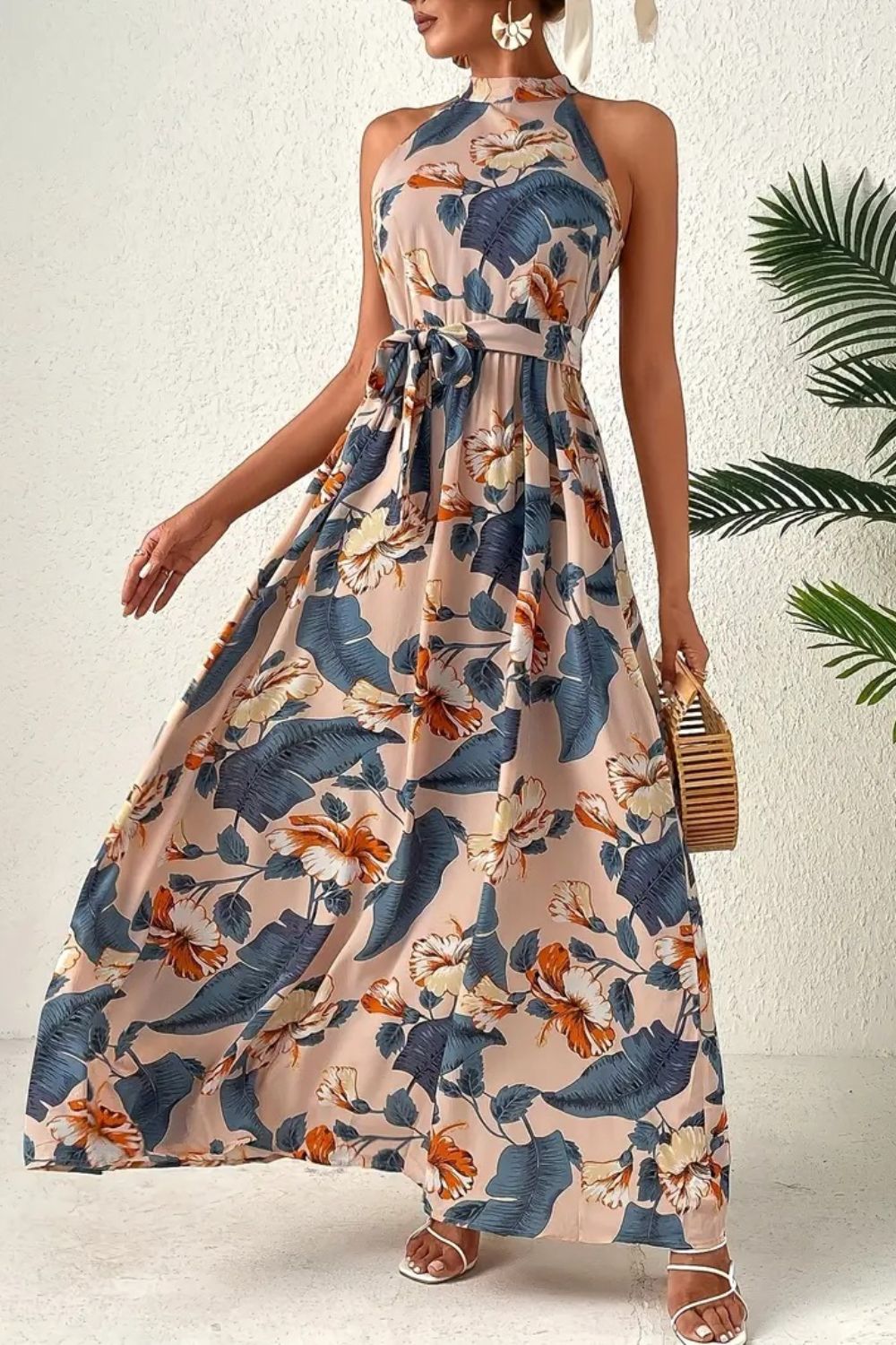 Tied Floral Sleeveless Dress - GirlyBayTied Floral Sleeveless Dress100100651701276SDusty BlueGirlyBayTied Floral Sleeveless Dress