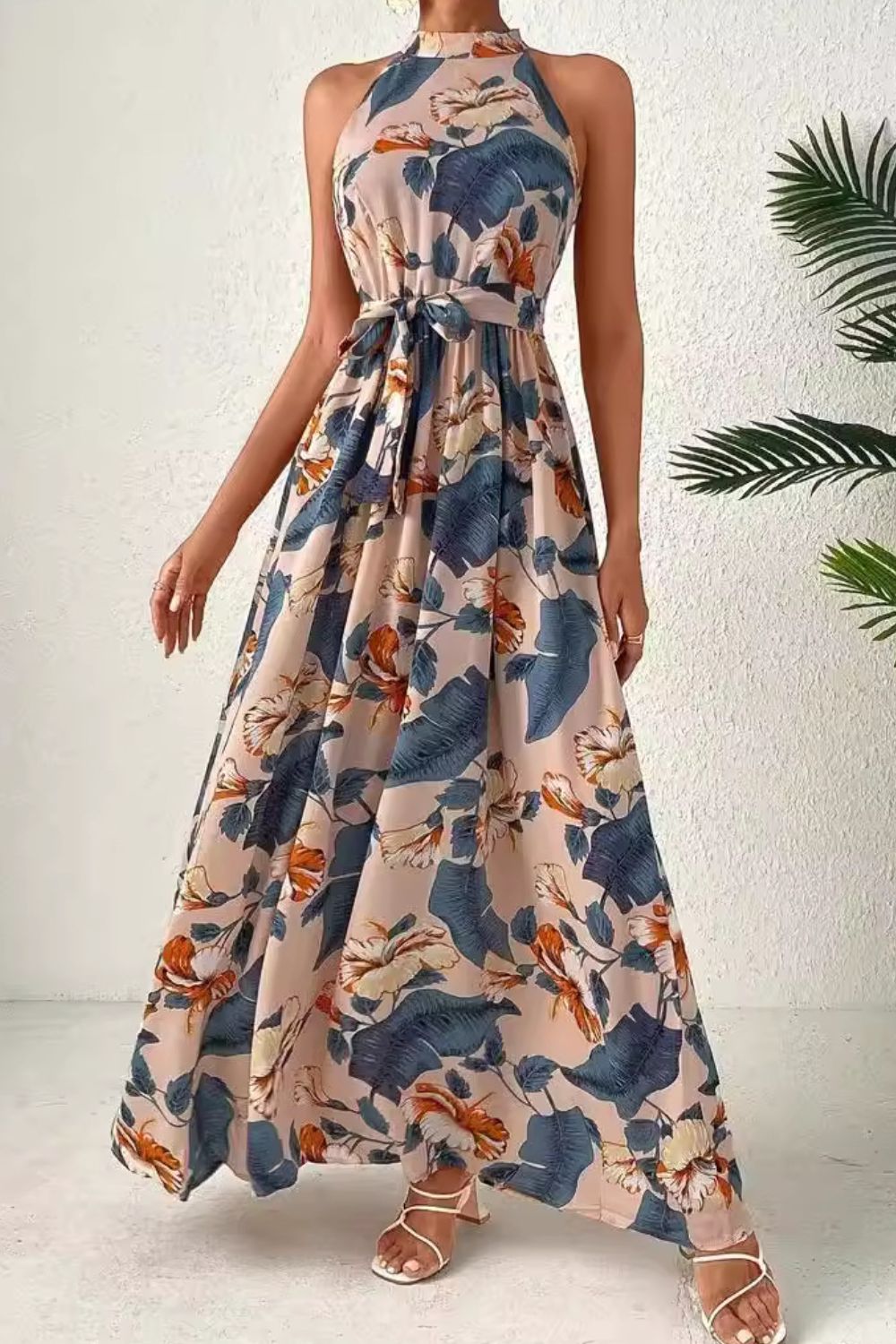 Tied Floral Sleeveless Dress - GirlyBayTied Floral Sleeveless Dress100100651701276SDusty BlueGirlyBayTied Floral Sleeveless Dress