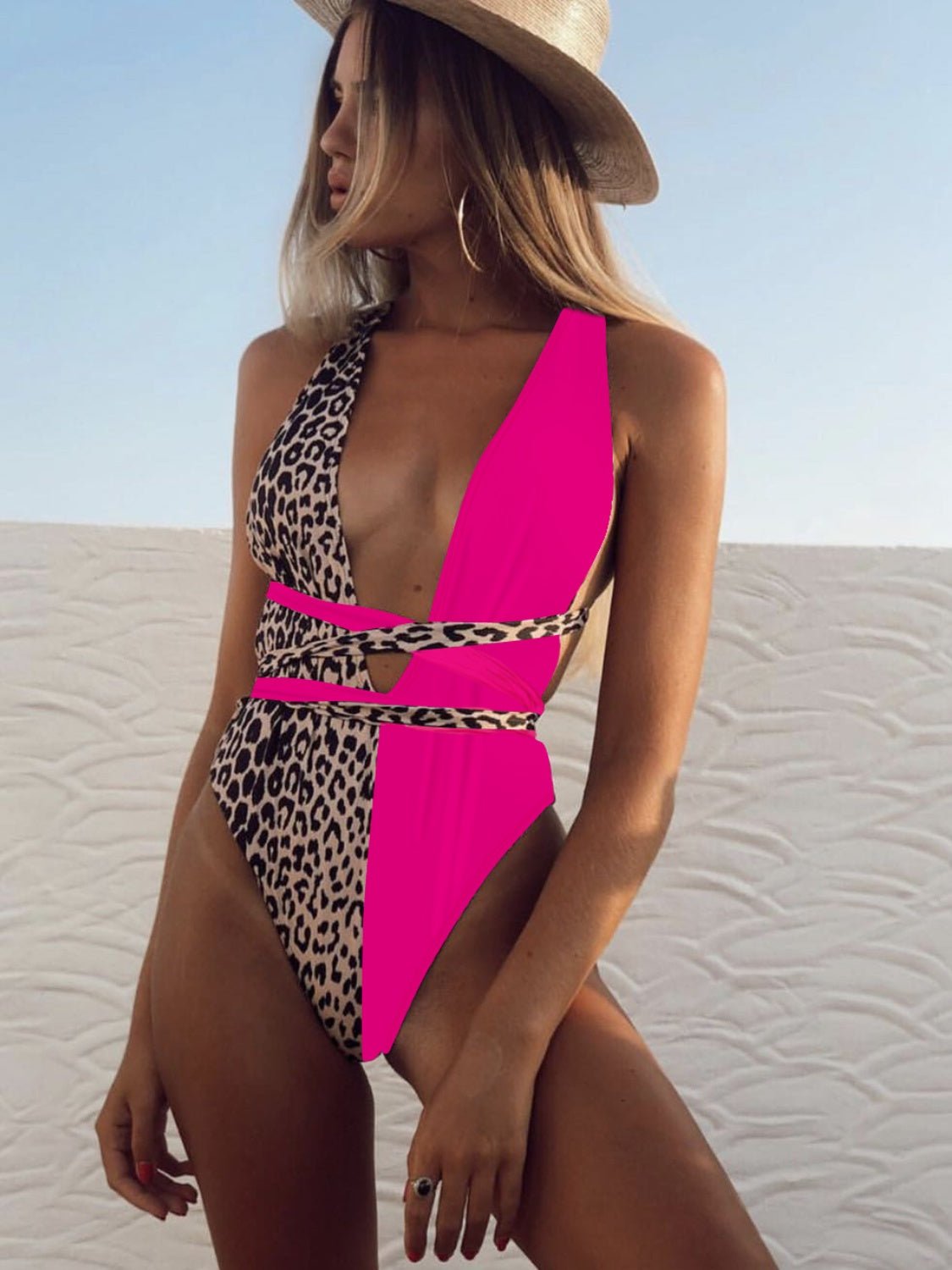Tied Leopard Plunge One-Piece SwimwearSwimwear One piecesTrendsiGirlyBay100100890924811Hot PinkSDouble.T