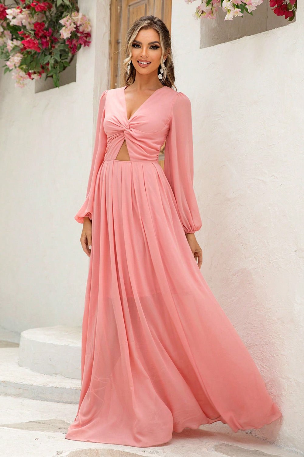 Twist Front Cutout Long Sleeve Dress - GirlyBayMaxi DressesTwist Front Cutout Long Sleeve Dress100101567711081XSCoralGirlyBayTwist Front Cutout Long Sleeve Dress