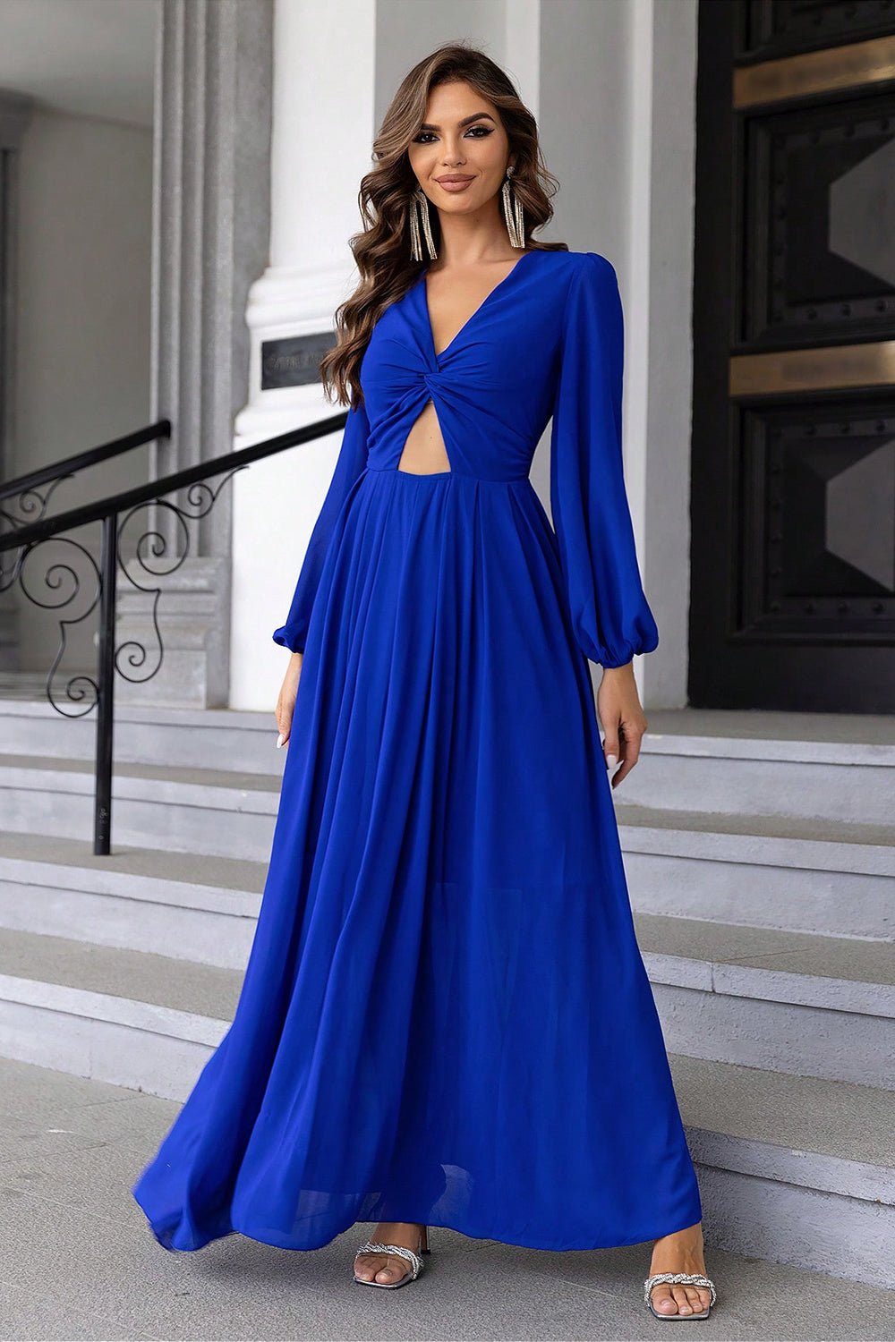 Twist Front Cutout Long Sleeve Dress - GirlyBayMaxi DressesTwist Front Cutout Long Sleeve Dress100101567711916XSRoyal BlueGirlyBayTwist Front Cutout Long Sleeve Dress