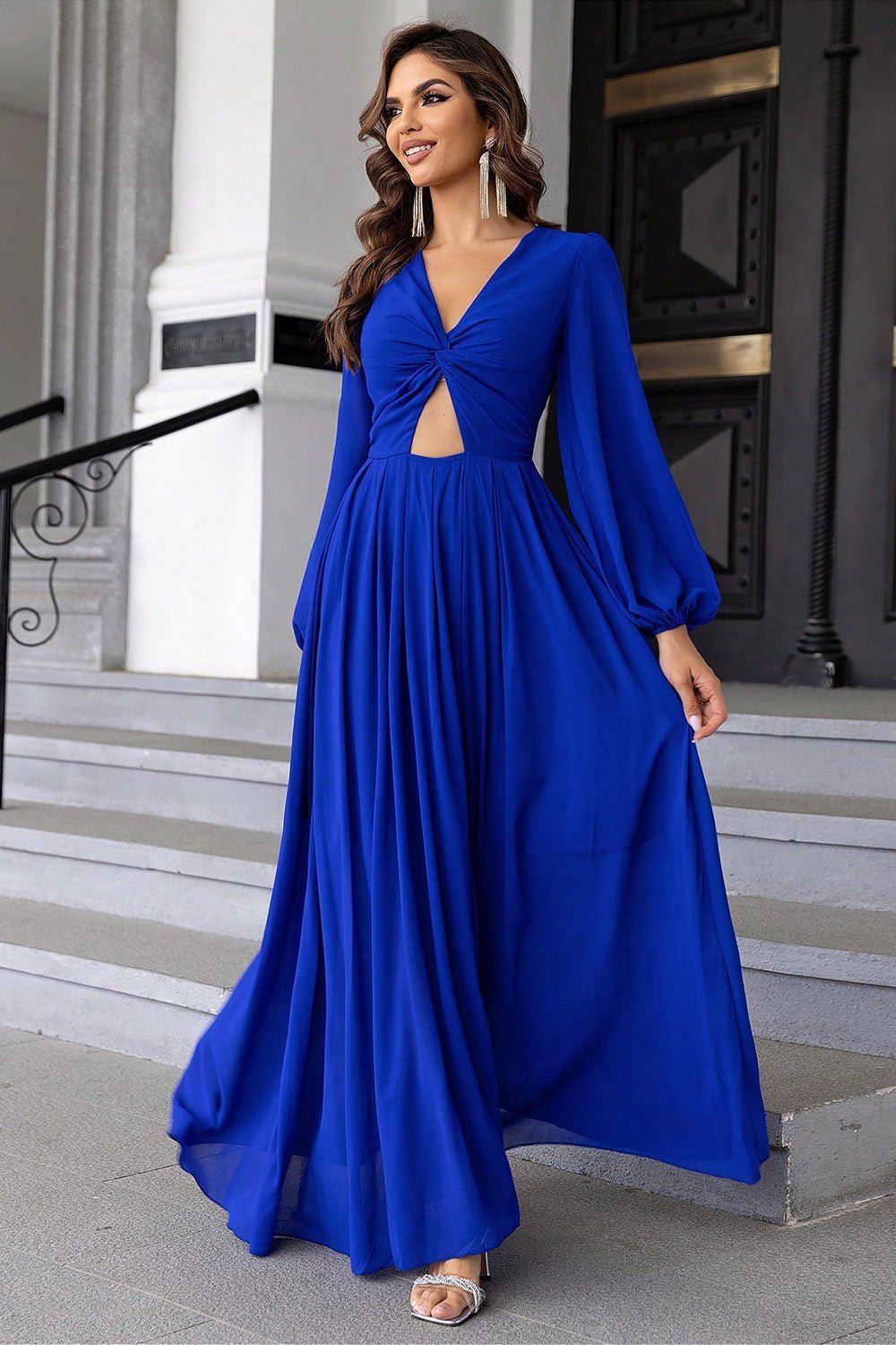 Twist Front Cutout Long Sleeve Dress - GirlyBayMaxi DressesTwist Front Cutout Long Sleeve Dress100101567711916XSRoyal BlueGirlyBayTwist Front Cutout Long Sleeve Dress