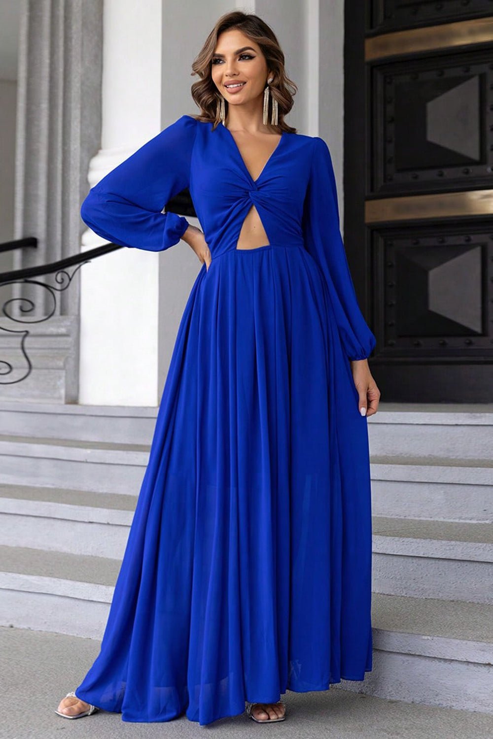 Twist Front Cutout Long Sleeve Dress - GirlyBayMaxi DressesTwist Front Cutout Long Sleeve Dress100101567711916XSRoyal BlueGirlyBayTwist Front Cutout Long Sleeve Dress