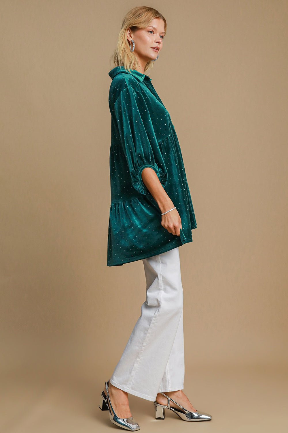Umgee Full Size Polka Dot Collared Neck Button Up Shirt - GirlyBayCasual DressesUmgee Full Size Polka Dot Collared Neck Button Up Shirt100100001301400STeal GreenGirlyBayUmgee Full Size Polka Dot Collared Neck Button Up Shirt