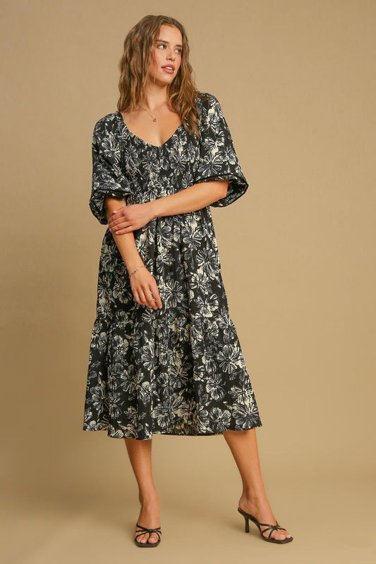 Umgee Ruffle Hem Flower Printed V - Neck Dress - GirlyBayCasual DressesUmgee Ruffle Hem Flower Printed V - Neck Dress100100827861404SBlackGirlyBayUmgee Ruffle Hem Flower Printed V - Neck Dress