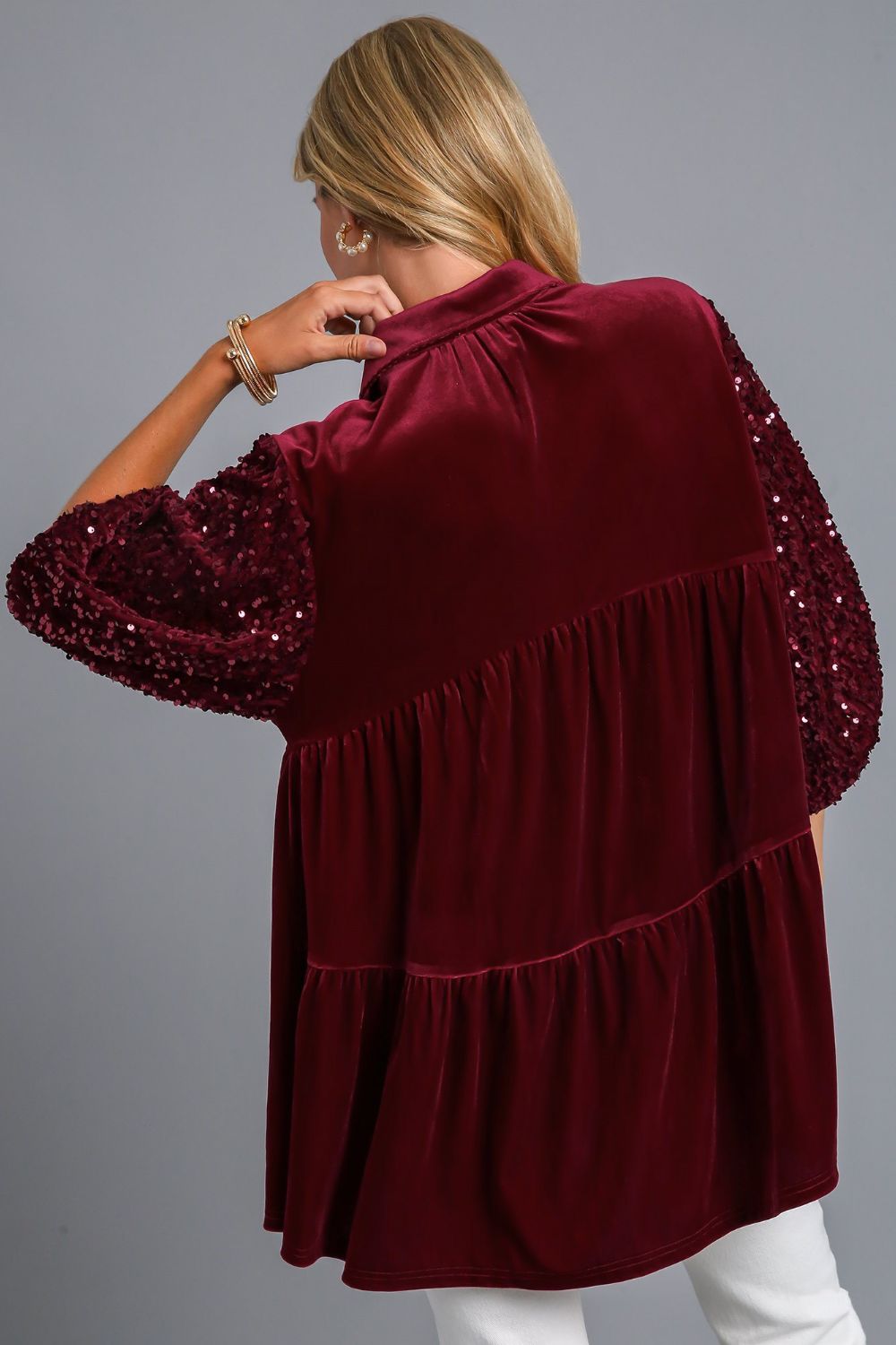 Umgee Sequin Detail Tiered Back Half Sleeve Shirt - GirlyBayCasual DressesUmgee Sequin Detail Tiered Back Half Sleeve Shirt100100328961497SWineGirlyBayUmgee Sequin Detail Tiered Back Half Sleeve Shirt