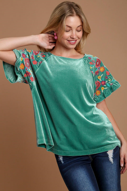 Umgee Velvet Embroidery Short Sleeve Blouse - GirlyBayShirtUmgee Velvet Embroidery Short Sleeve Blouse100100886161798STurquoiseGirlyBayUmgee Velvet Embroidery Short Sleeve Blouse