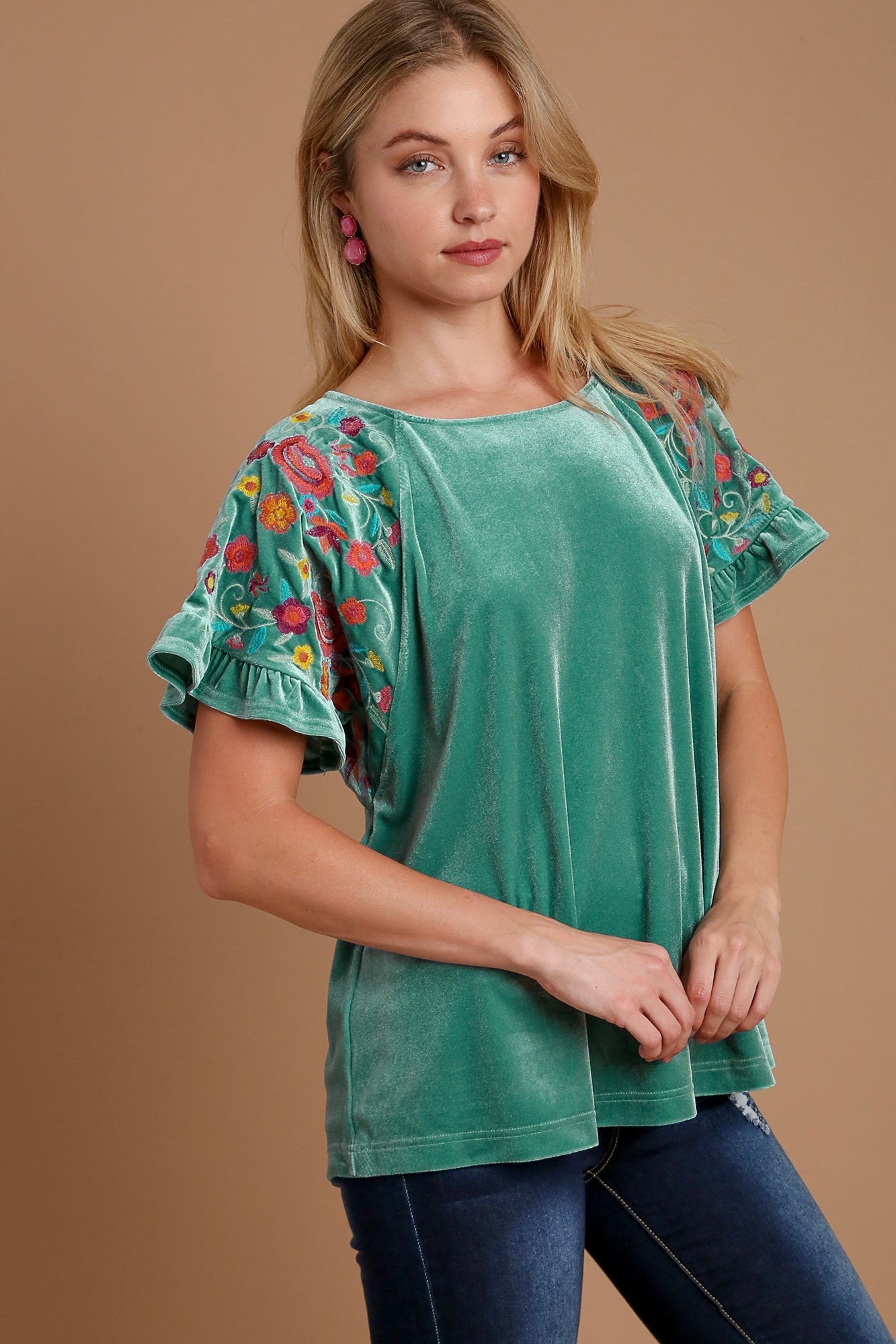 Umgee Velvet Embroidery Short Sleeve Blouse - GirlyBayShirtUmgee Velvet Embroidery Short Sleeve Blouse100100886161798STurquoiseGirlyBayUmgee Velvet Embroidery Short Sleeve Blouse