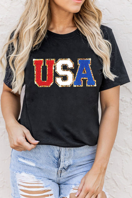 USA Round Neck Short Sleeve T-Shirt - GirlyBayUSA Round Neck Short Sleeve T-Shirt100100811031554SBlackGirlyBayUSA Round Neck Short Sleeve T-Shirt