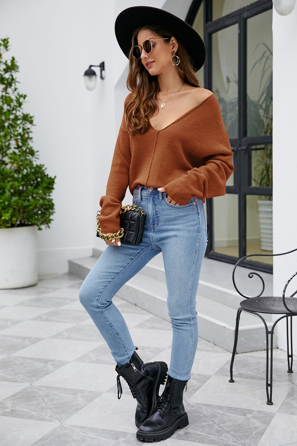 V-Neck Drop Shoulder Long Sleeve Knit TopSweatshirts & HoodiesTrendsiGirlyBay100100853920694CaramelSShip From Overseas