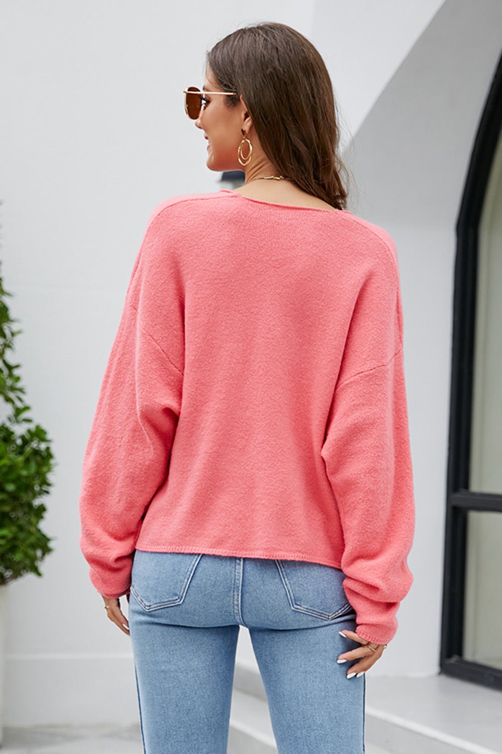 V-Neck Drop Shoulder Long Sleeve Knit TopSweatshirts & HoodiesTrendsiGirlyBay100100853929457Fuchsia PinkSShip From Overseas