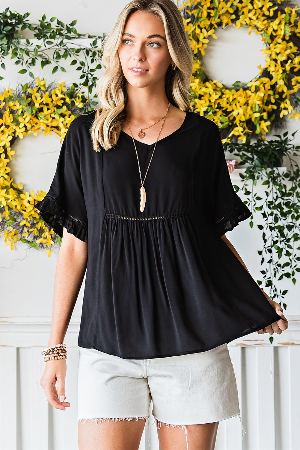 V - Neck Flounce Sleeve Babydoll Blouse - GirlyBayV - Neck Flounce Sleeve Babydoll Blouse100101246541051SBlackGirlyBayV - Neck Flounce Sleeve Babydoll Blouse