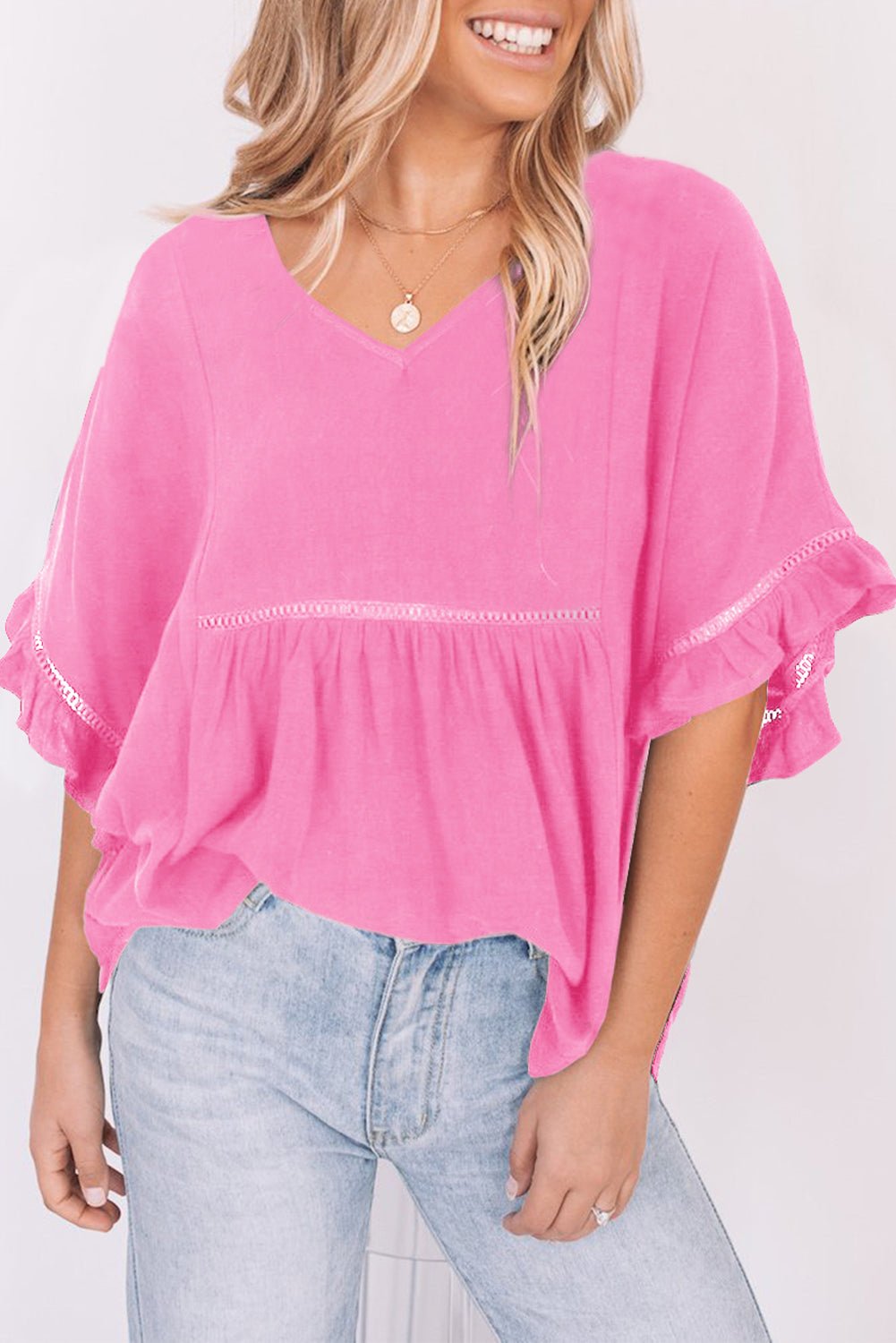 V - Neck Flounce Sleeve Babydoll Blouse - GirlyBayV - Neck Flounce Sleeve Babydoll Blouse100101246541634SCarnation PinkGirlyBayV - Neck Flounce Sleeve Babydoll Blouse