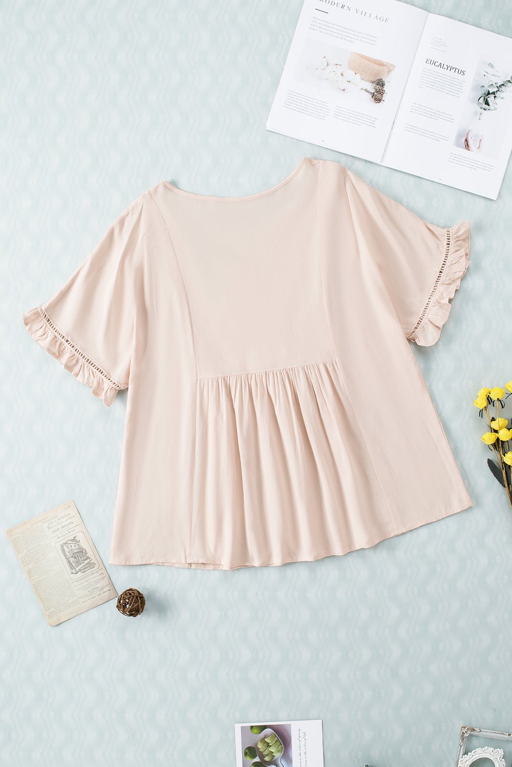 V - Neck Flounce Sleeve Babydoll Blouse - GirlyBayV - Neck Flounce Sleeve Babydoll Blouse100101246545854SLight ApricotGirlyBayV - Neck Flounce Sleeve Babydoll Blouse