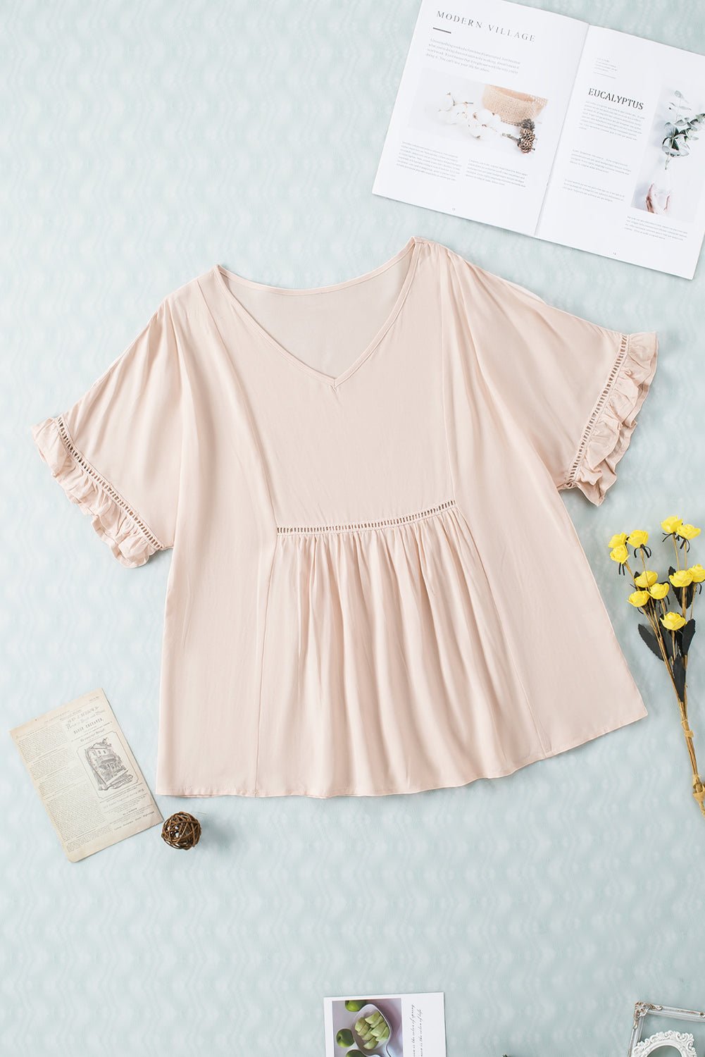 V - Neck Flounce Sleeve Babydoll Blouse - GirlyBayV - Neck Flounce Sleeve Babydoll Blouse100101246545854SLight ApricotGirlyBayV - Neck Flounce Sleeve Babydoll Blouse