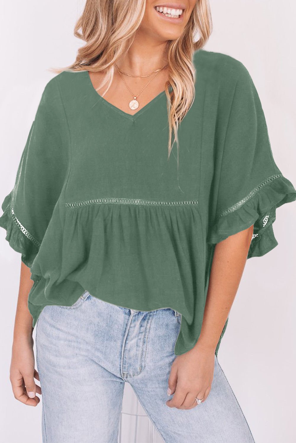V - Neck Flounce Sleeve Babydoll Blouse - GirlyBayV - Neck Flounce Sleeve Babydoll Blouse100101246549240SMid GreenGirlyBayV - Neck Flounce Sleeve Babydoll Blouse