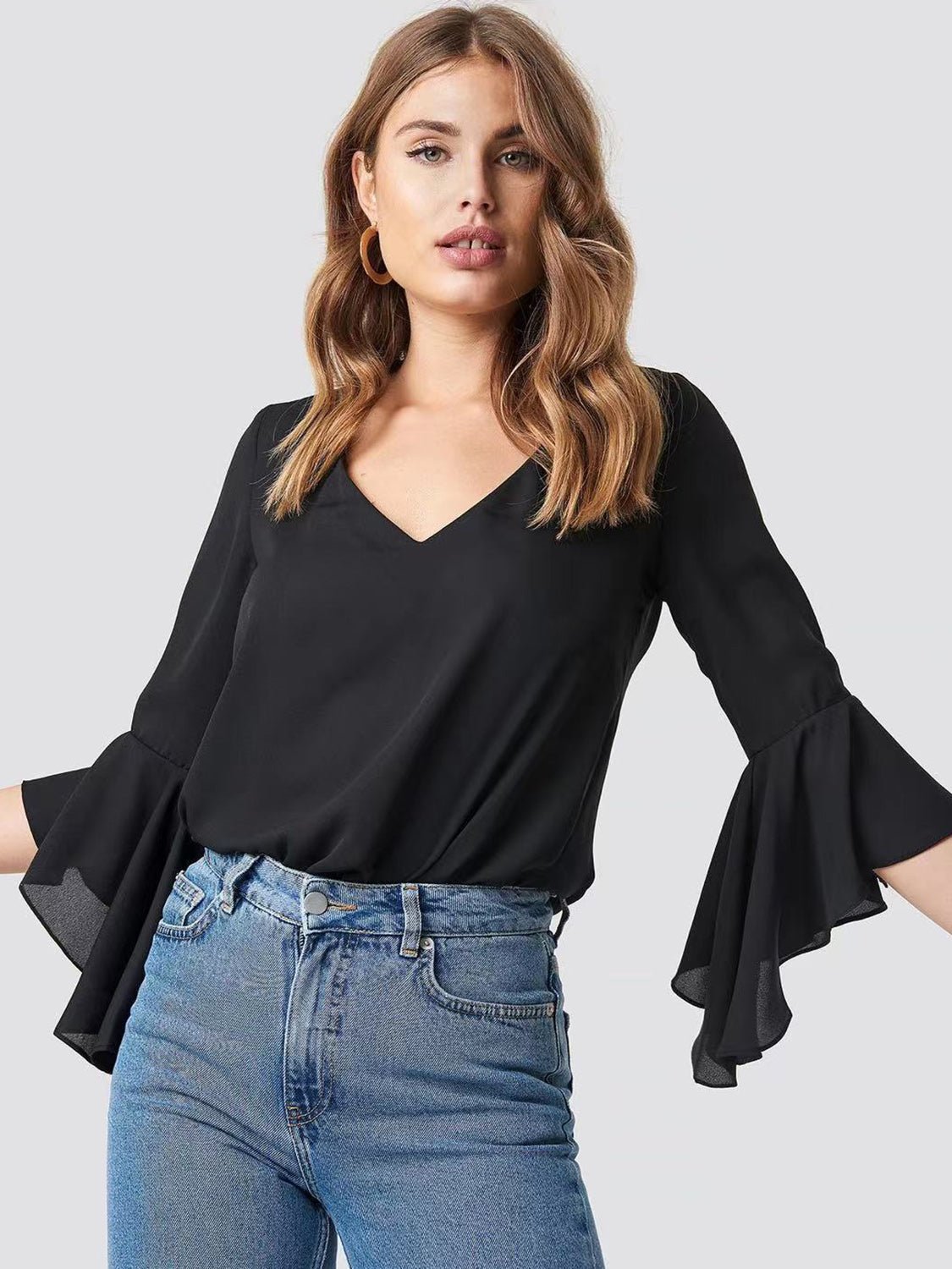 V - Neck Flounce Sleeve Blouse - GirlyBayShirtV - Neck Flounce Sleeve Blouse100100541961594SBlackGirlyBayV - Neck Flounce Sleeve Blouse