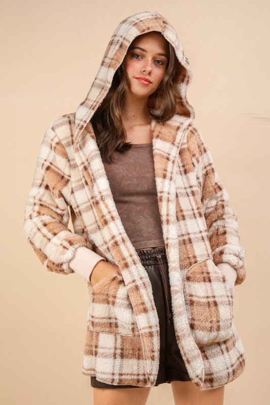 VERY J Fuzzy Plaid Long Sleeve Hooded Jacket - GirlyBayOuterwearVERY J Fuzzy Plaid Long Sleeve Hooded Jacket100100876741197SCAMEL MIXGirlyBayVERY J Fuzzy Plaid Long Sleeve Hooded Jacket