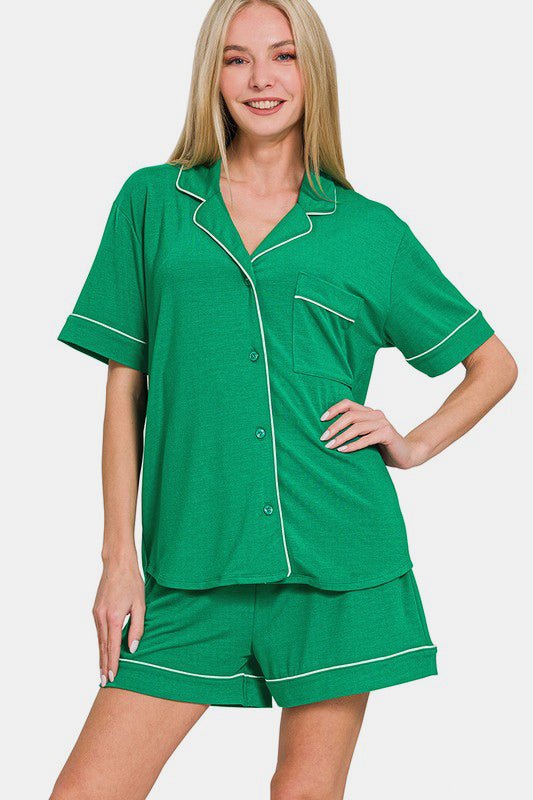 Zenana Button Down Short Sleeve Top and Shorts Lounge Set - GirlyBayCasual DressesZenana Button Down Short Sleeve Top and Shorts Lounge Set100100678481831SK GreenGirlyBayZenana Button Down Short Sleeve Top and Shorts Lounge Set