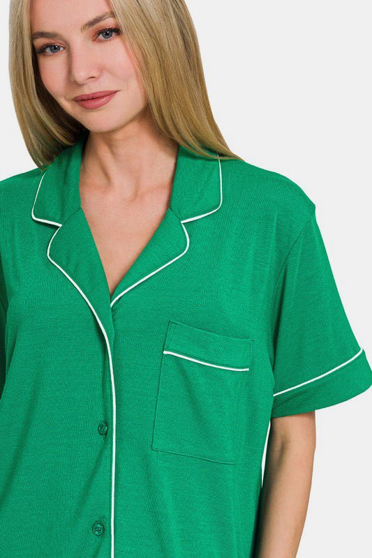 Zenana Button Down Short Sleeve Top and Shorts Lounge Set - GirlyBayCasual DressesZenana Button Down Short Sleeve Top and Shorts Lounge Set100100678481831SK GreenGirlyBayZenana Button Down Short Sleeve Top and Shorts Lounge Set