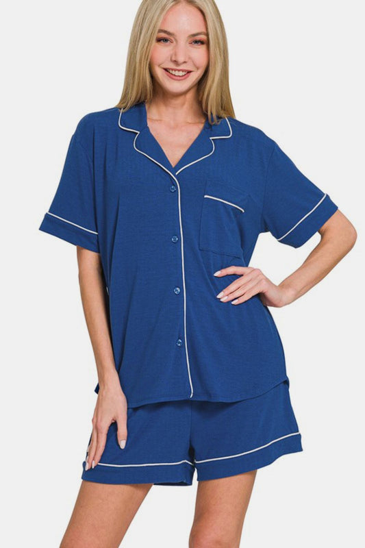 Zenana Button Down Short Sleeve Top and Shorts Lounge Set - GirlyBayCasual DressesZenana Button Down Short Sleeve Top and Shorts Lounge Set100100974631070SNavyGirlyBayZenana Button Down Short Sleeve Top and Shorts Lounge Set