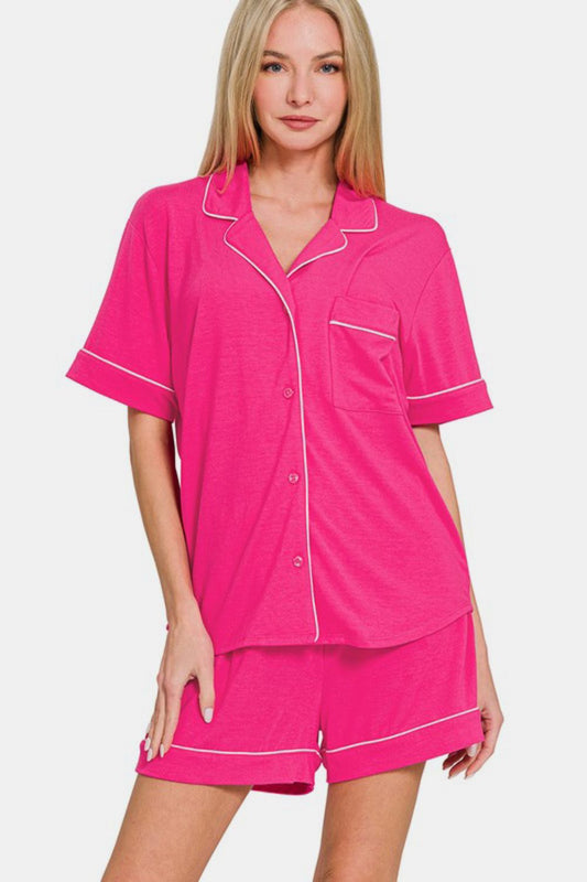 Zenana Button Down Short Sleeve Top and Shorts Lounge Set - GirlyBayLoungewear & UnderwearZenana Button Down Short Sleeve Top and Shorts Lounge Set100100301221561SHot PinkGirlyBayZenana Button Down Short Sleeve Top and Shorts Lounge Set