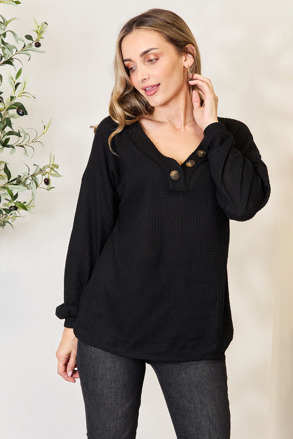 Zenana Buttoned Long Sleeve BlouseSweatshirts & HoodiesTrendsiGirlyBay100100597369407BlackSShip from USAZenana