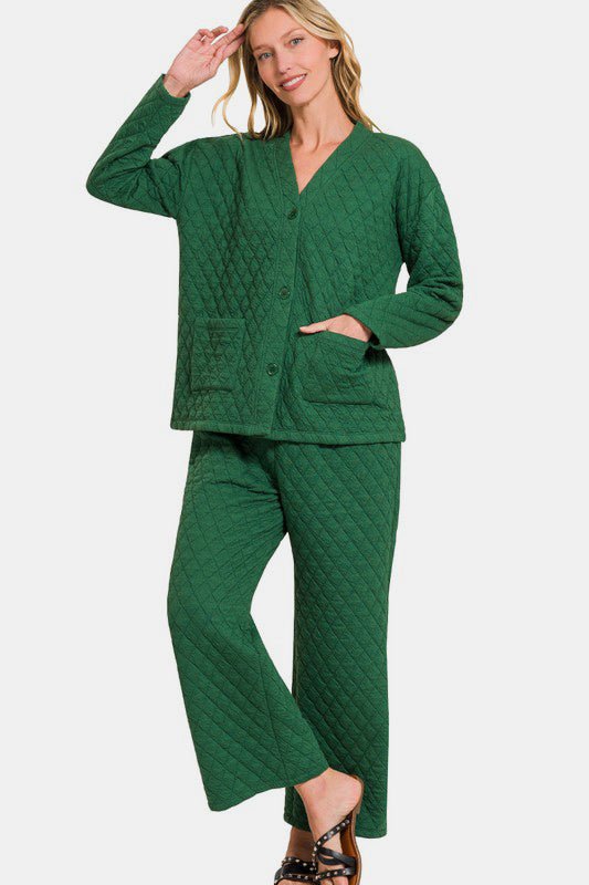 Zenana Quilted Button Up Long Sleeve Top and Pants Lounge Set - GirlyBayCasual DressesZenana Quilted Button Up Long Sleeve Top and Pants Lounge Set100100613691945SDark GreenGirlyBayZenana Quilted Button Up Long Sleeve Top and Pants Lounge Set