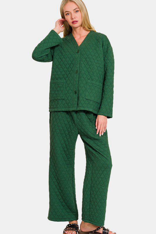 Zenana Quilted Button Up Long Sleeve Top and Pants Lounge Set - GirlyBayCasual DressesZenana Quilted Button Up Long Sleeve Top and Pants Lounge Set100100613691945SDark GreenGirlyBayZenana Quilted Button Up Long Sleeve Top and Pants Lounge Set