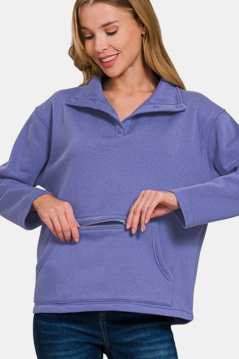 Zenana Turtleneck Half Snap Fleece Sweatshirt - GirlyBayCasual DressesZenana Turtleneck Half Snap Fleece Sweatshirt100100843741470SBlue PurpleGirlyBayZenana Turtleneck Half Snap Fleece Sweatshirt