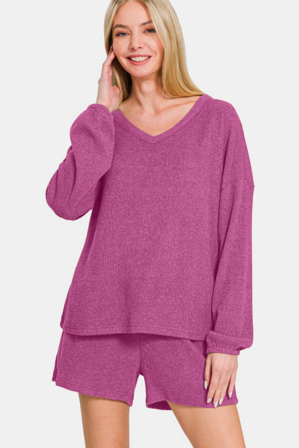 Zenana V - Neck Long Sleeve Ribbed Top and Shorts Set - GirlyBayCasual DressesZenana V - Neck Long Sleeve Ribbed Top and Shorts Set100100282181476SRed - VioletGirlyBayZenana V - Neck Long Sleeve Ribbed Top and Shorts Set