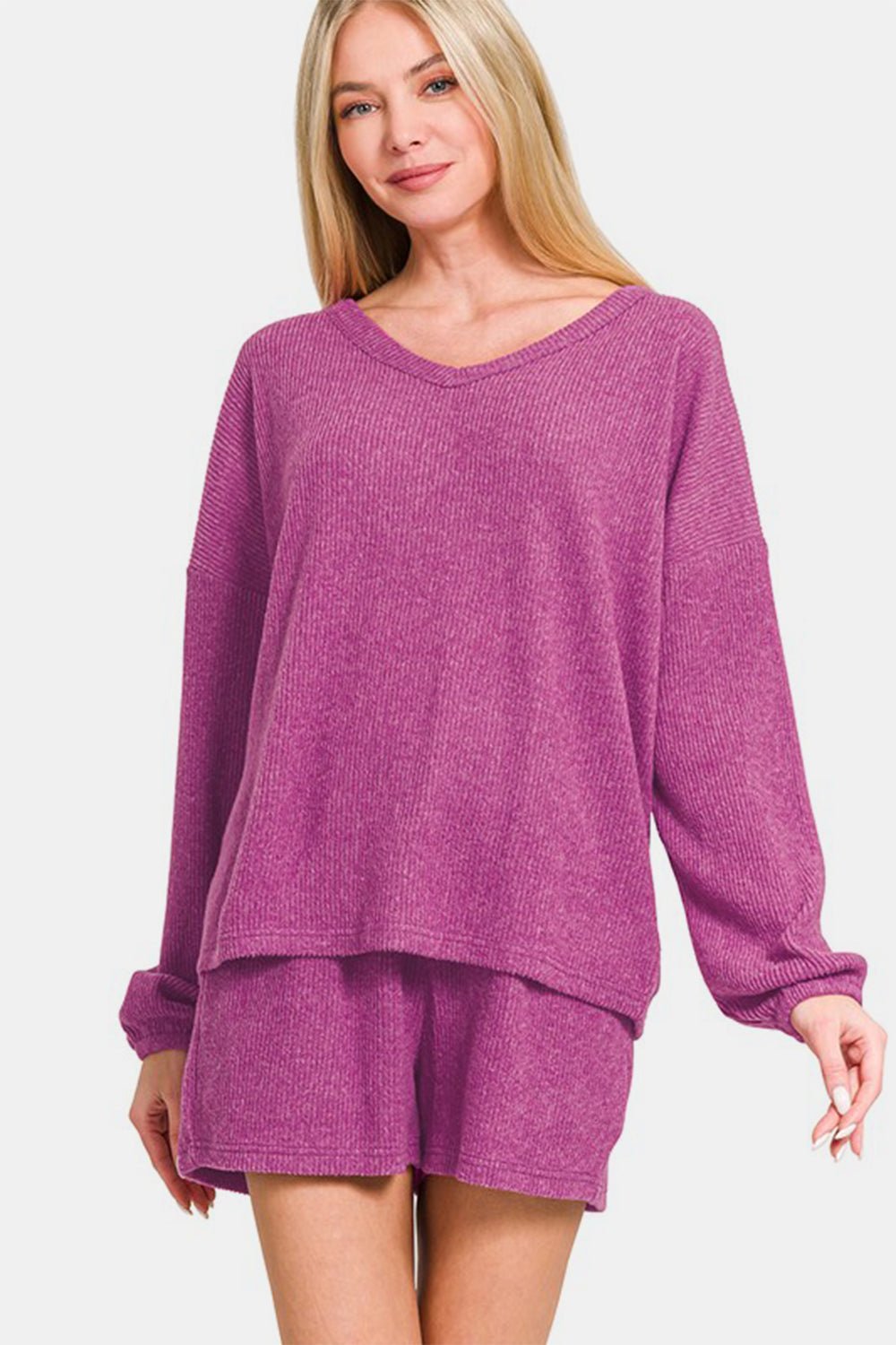 Zenana V - Neck Long Sleeve Ribbed Top and Shorts Set - GirlyBayCasual DressesZenana V - Neck Long Sleeve Ribbed Top and Shorts Set100100282181476SRed - VioletGirlyBayZenana V - Neck Long Sleeve Ribbed Top and Shorts Set