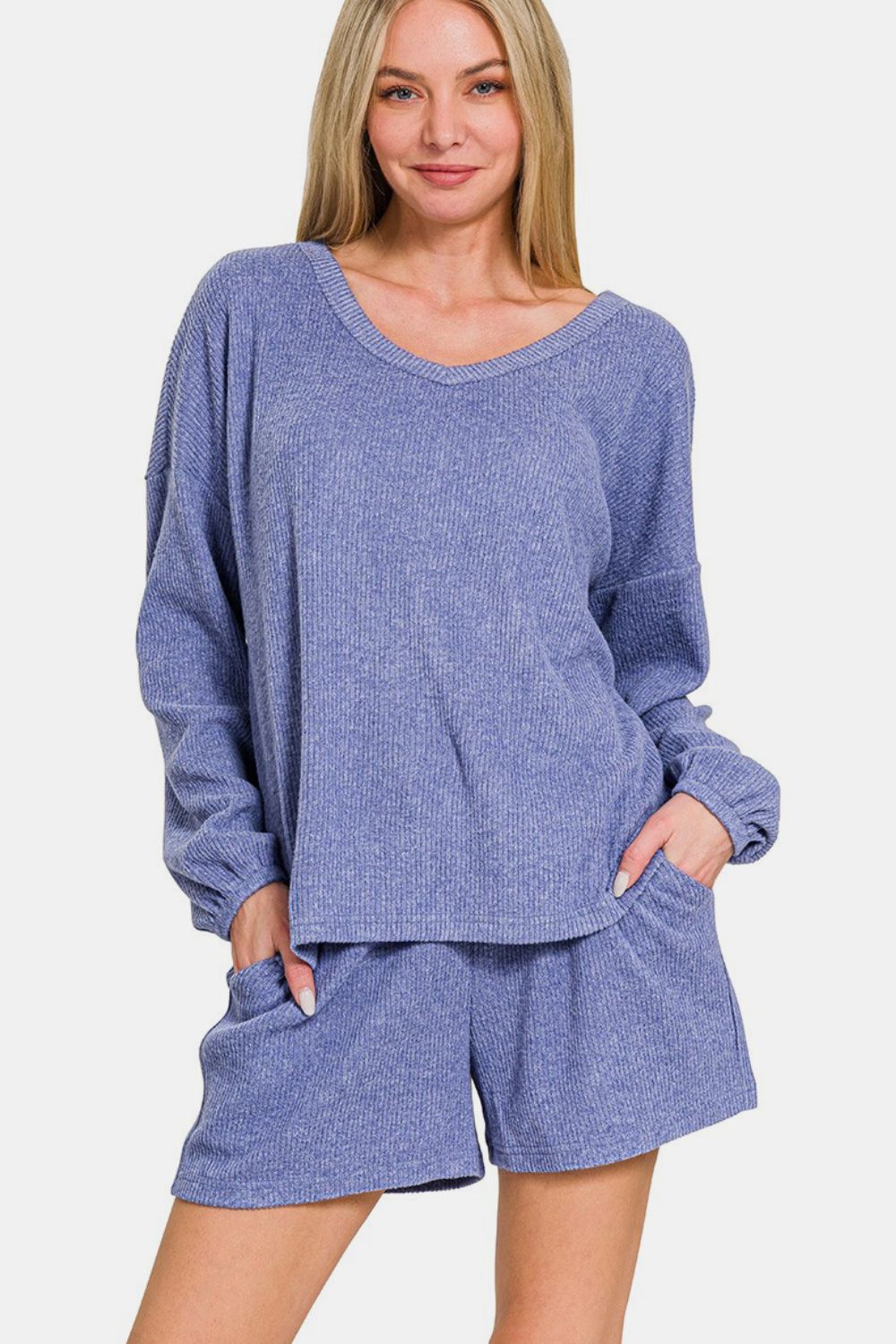Zenana V - Neck Long Sleeve Ribbed Top and Shorts Set - GirlyBayCasual DressesZenana V - Neck Long Sleeve Ribbed Top and Shorts Set100100284731661SBlue PurpleGirlyBayZenana V - Neck Long Sleeve Ribbed Top and Shorts Set