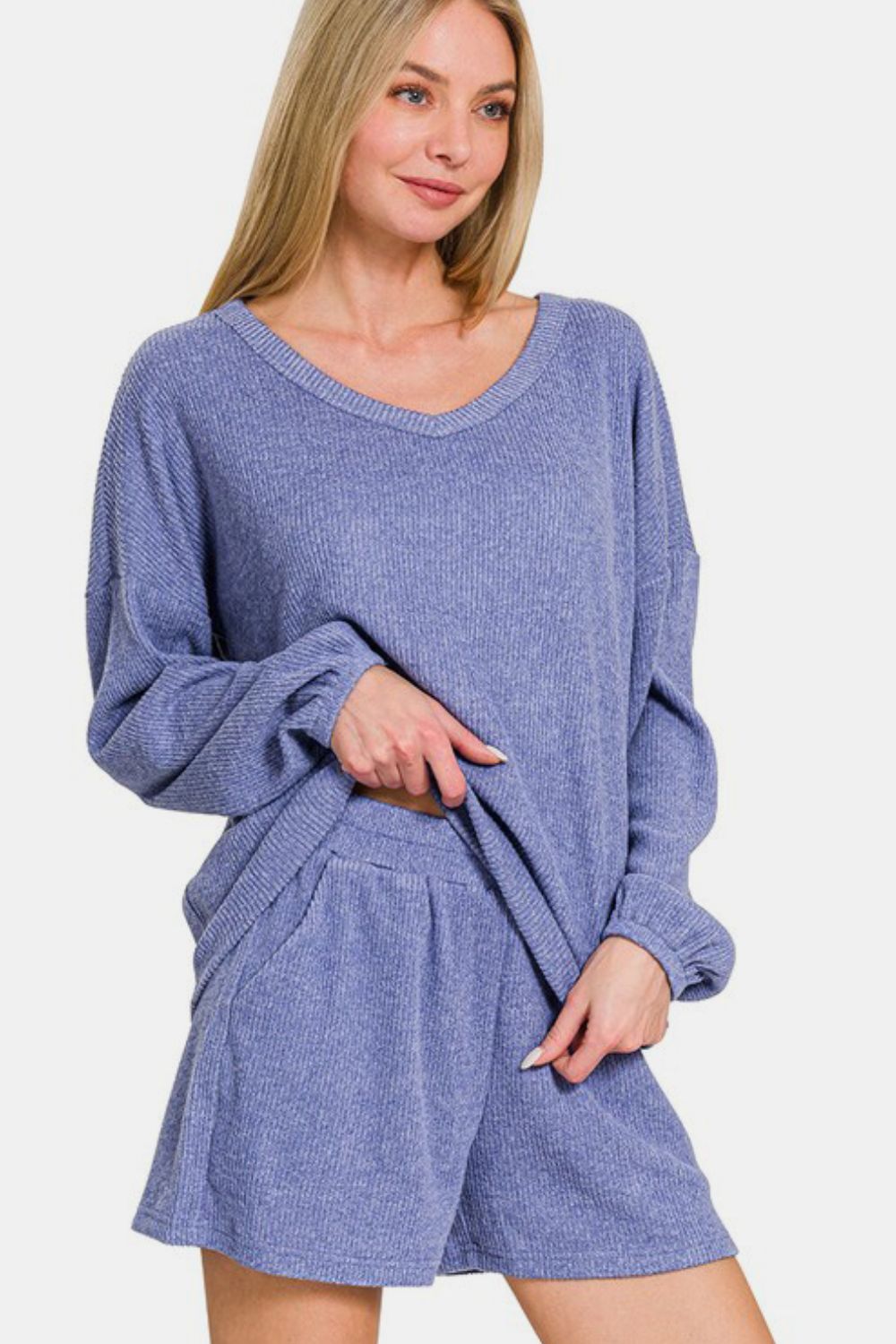 Zenana V - Neck Long Sleeve Ribbed Top and Shorts Set - GirlyBayCasual DressesZenana V - Neck Long Sleeve Ribbed Top and Shorts Set100100284731661SBlue PurpleGirlyBayZenana V - Neck Long Sleeve Ribbed Top and Shorts Set