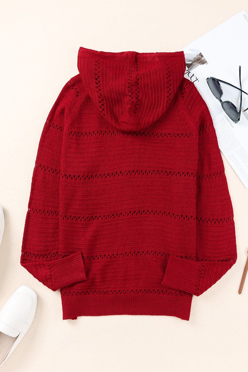 Zip-Up Raglan Sleeve Openwork Hooded CardiganSweatshirts & HoodiesTrendsiGirlyBay100100264677917Deep RedS