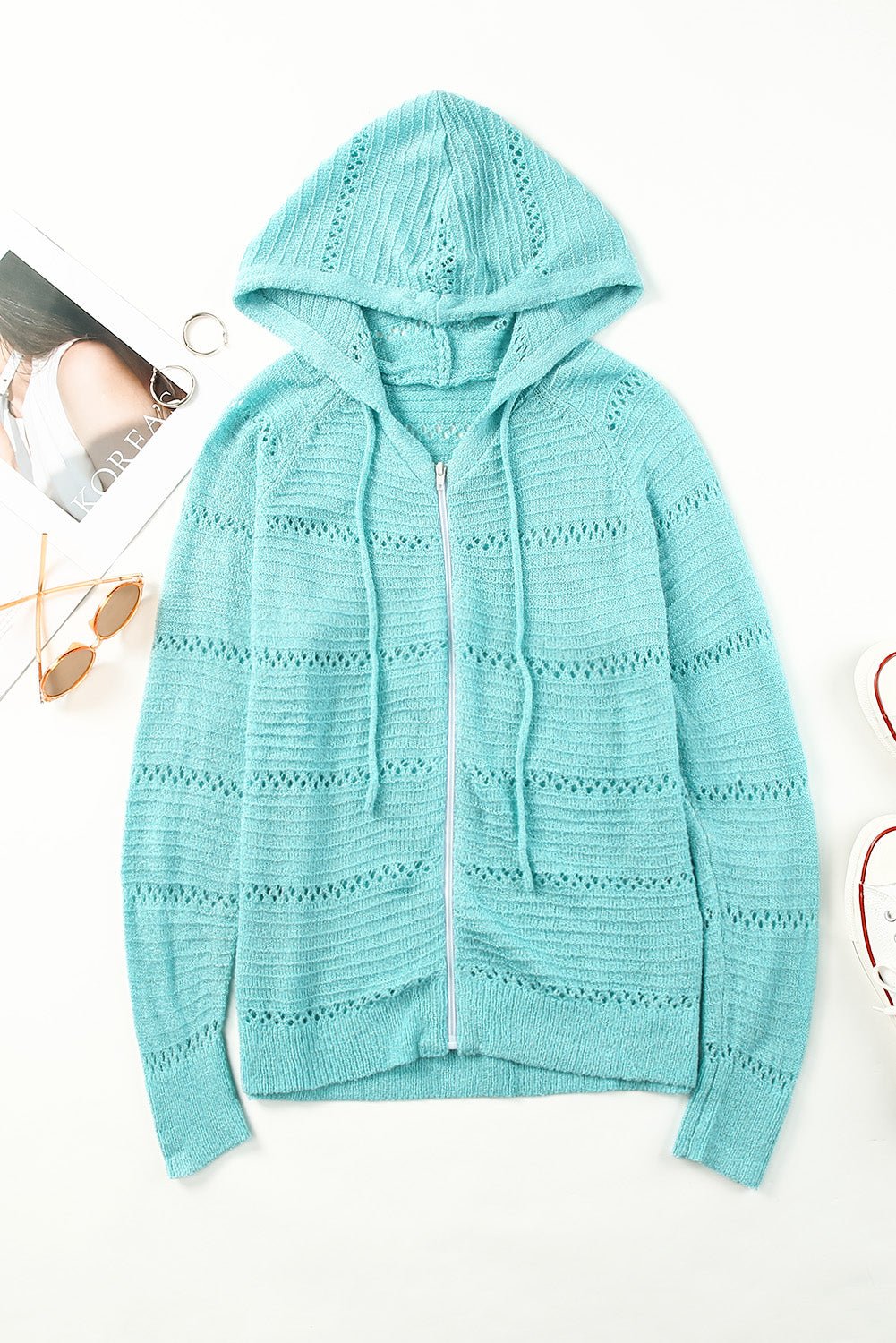 Zip-Up Raglan Sleeve Openwork Hooded CardiganSweatshirts & HoodiesTrendsiGirlyBay100100264679004Pastel BlueS